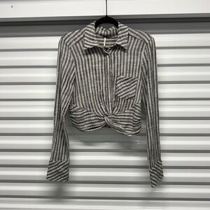 Free People Striped Overlap Front Cropped Long Sleeve Top